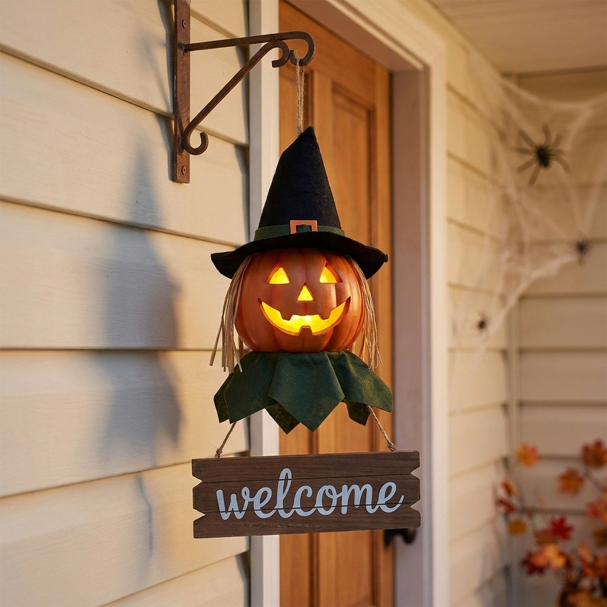 LED Jack-O'-Lantern Witch Hat Welcome Hanging Sign