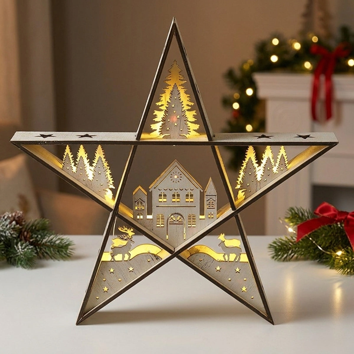 White Wooden Winter Scene LED Star Light