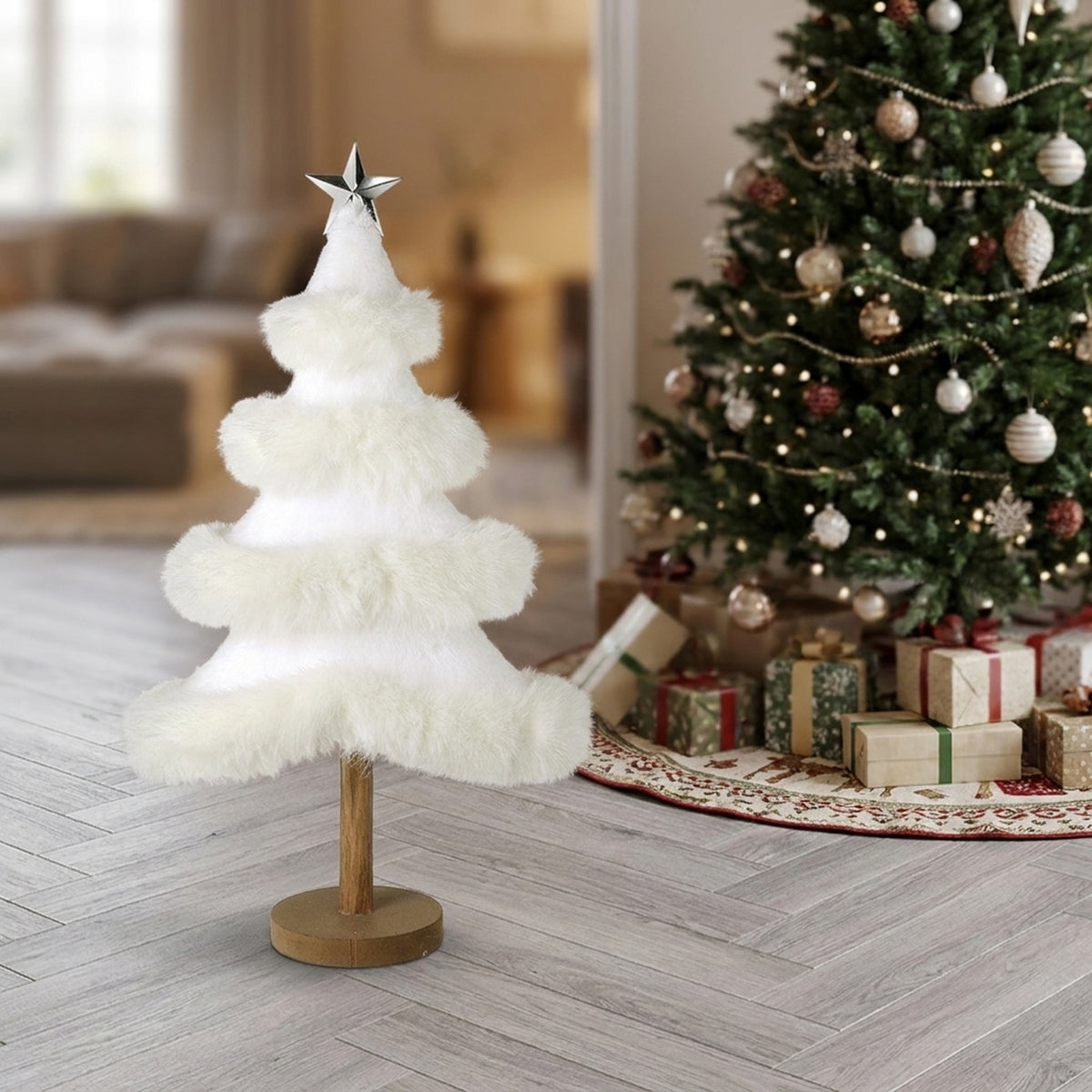 Fluffy White Tree with Silver Star Ornament