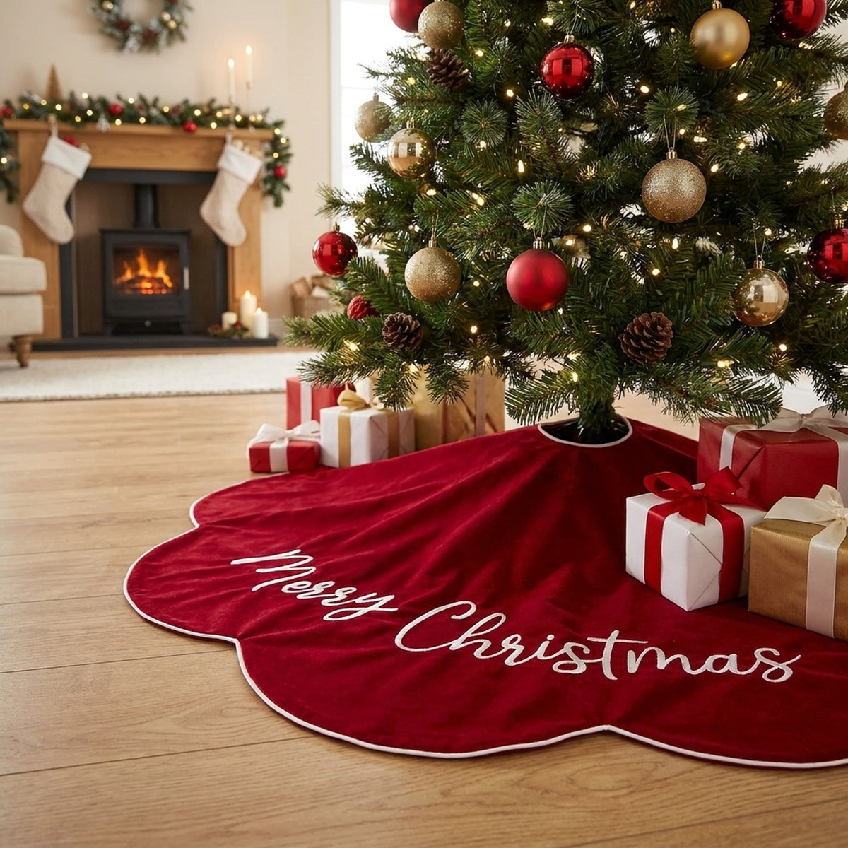 Classic Red Embroidered Merry Christmas Tree Skirt