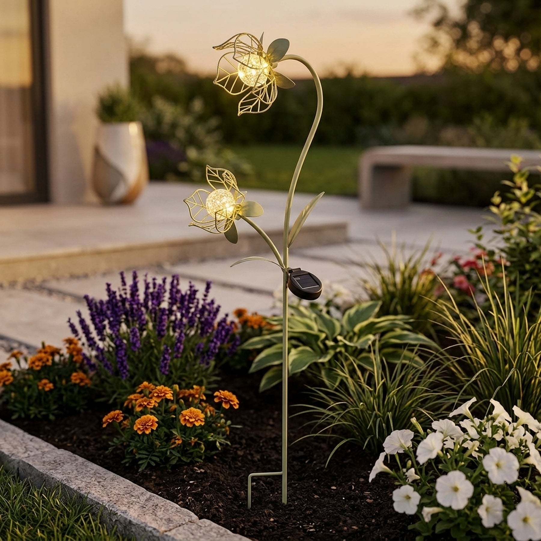 2 LED Solar Metal Sage Green Flower Garden Stake Light