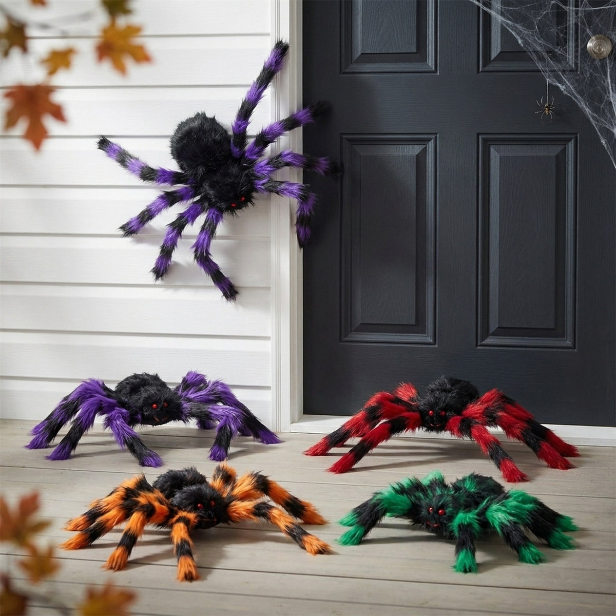 Set of Five Creepy Fluffy Halloween Spiders