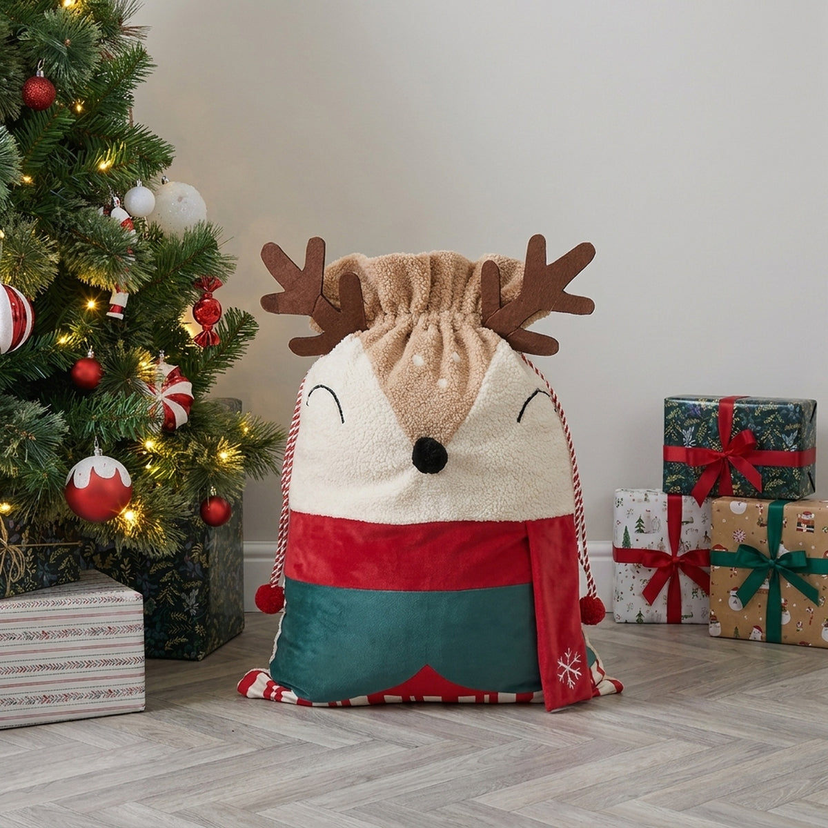 Festive Sleigh Bells Reindeer Gift Sack