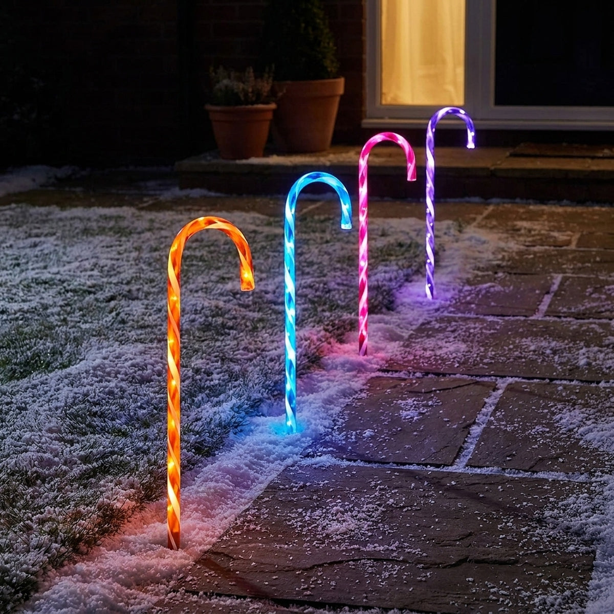 Set of 4 Candy Cane Path Lights with Rainbow LED