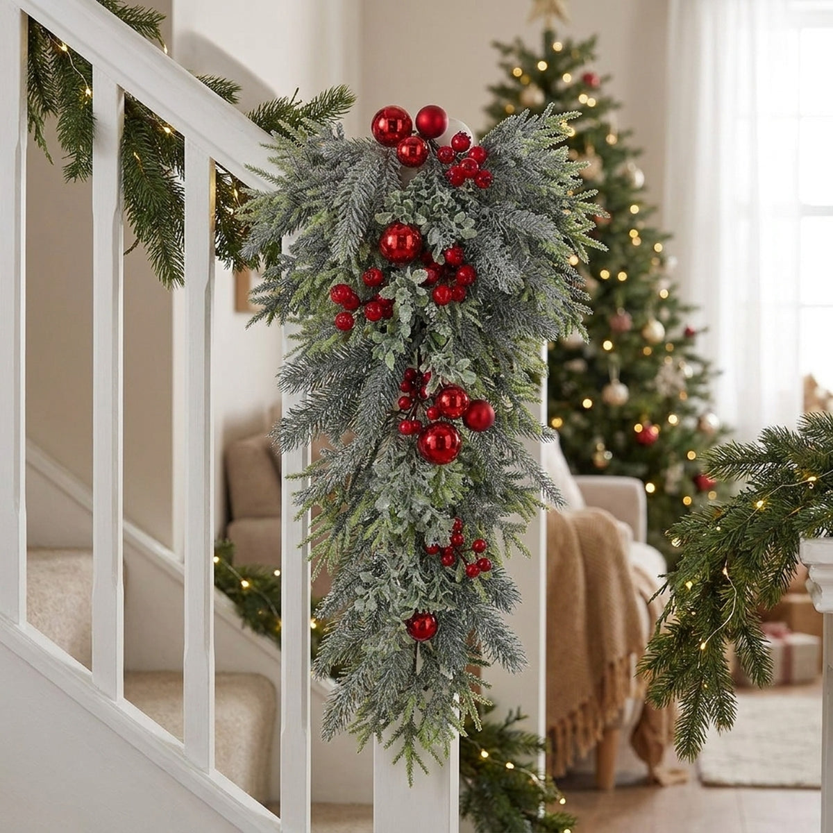 Frosted Greenery and Red Berries Christmas Swag