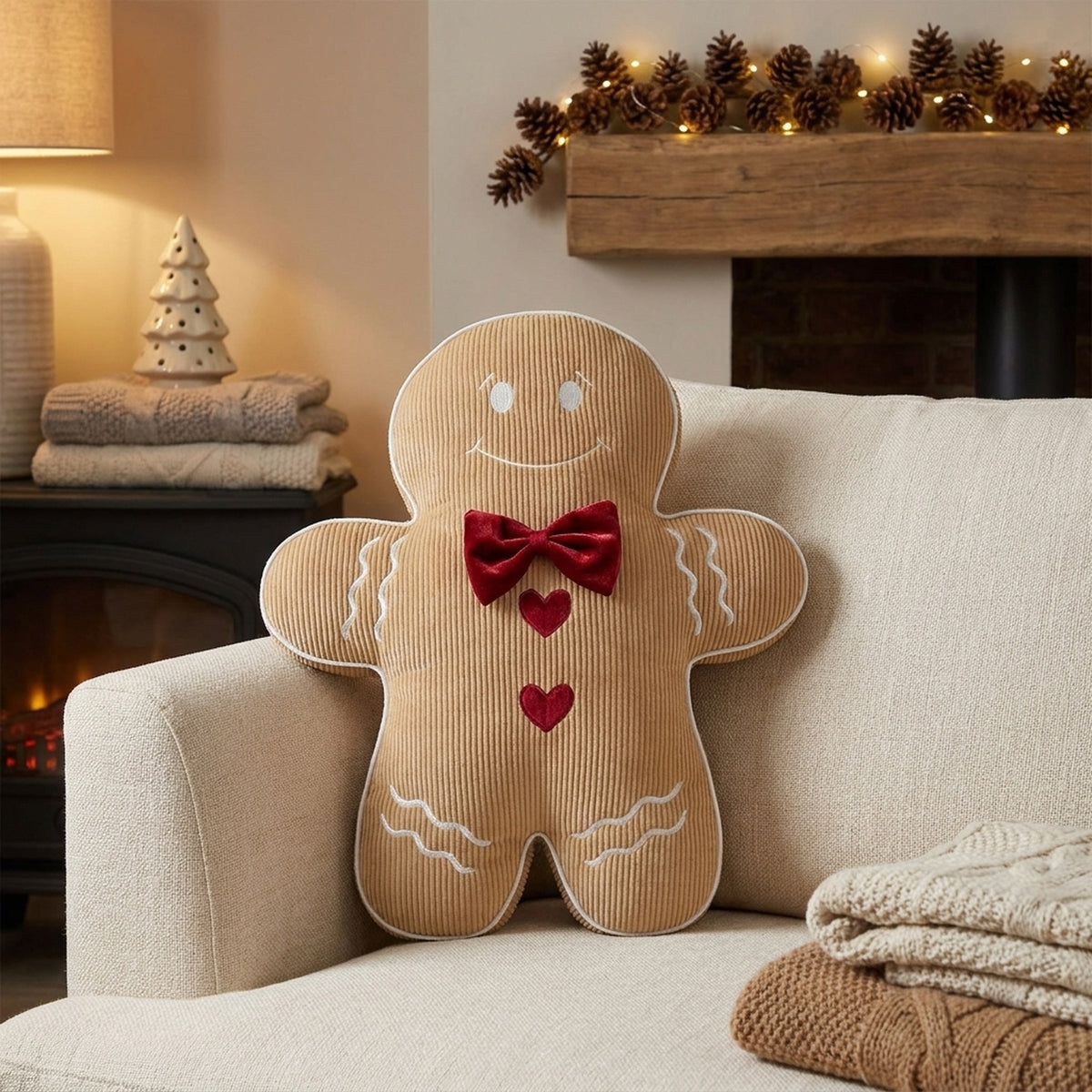 Festive Corduroy Gingerbread Man Cushion