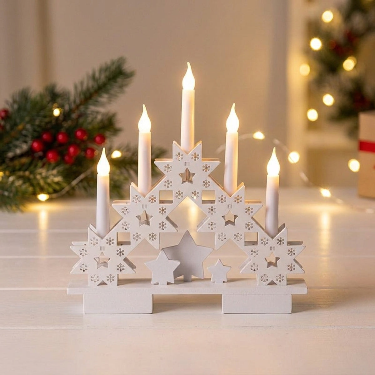 Battery Operated Lit Wooden Christmas Scene Candle