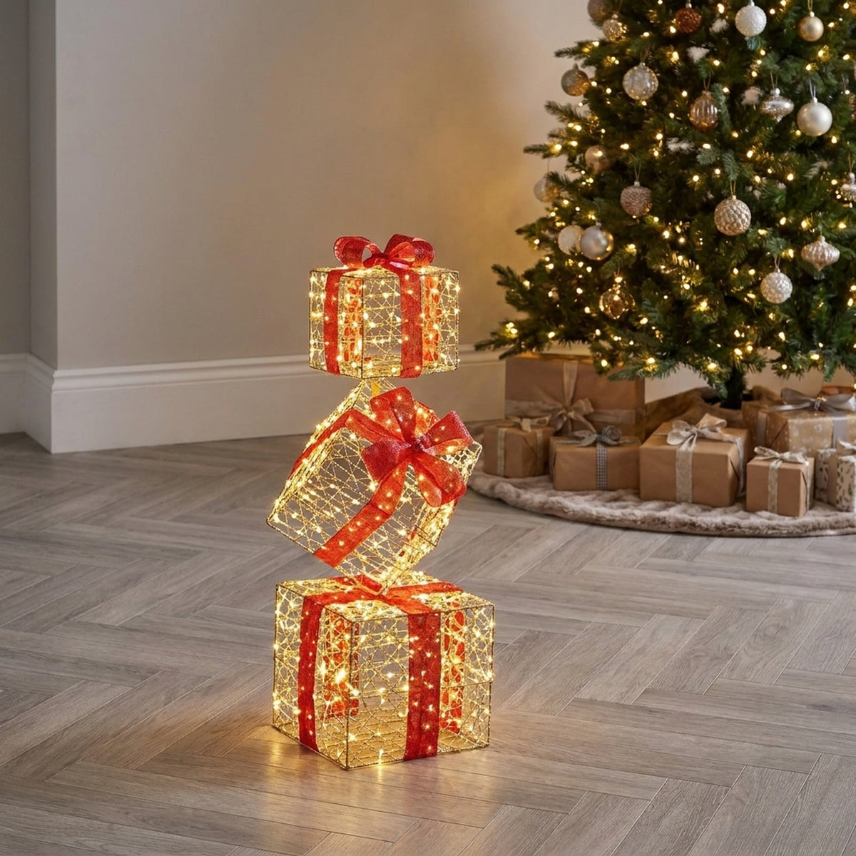 Lit Golden Elegance Twist 3 Parcel Stack