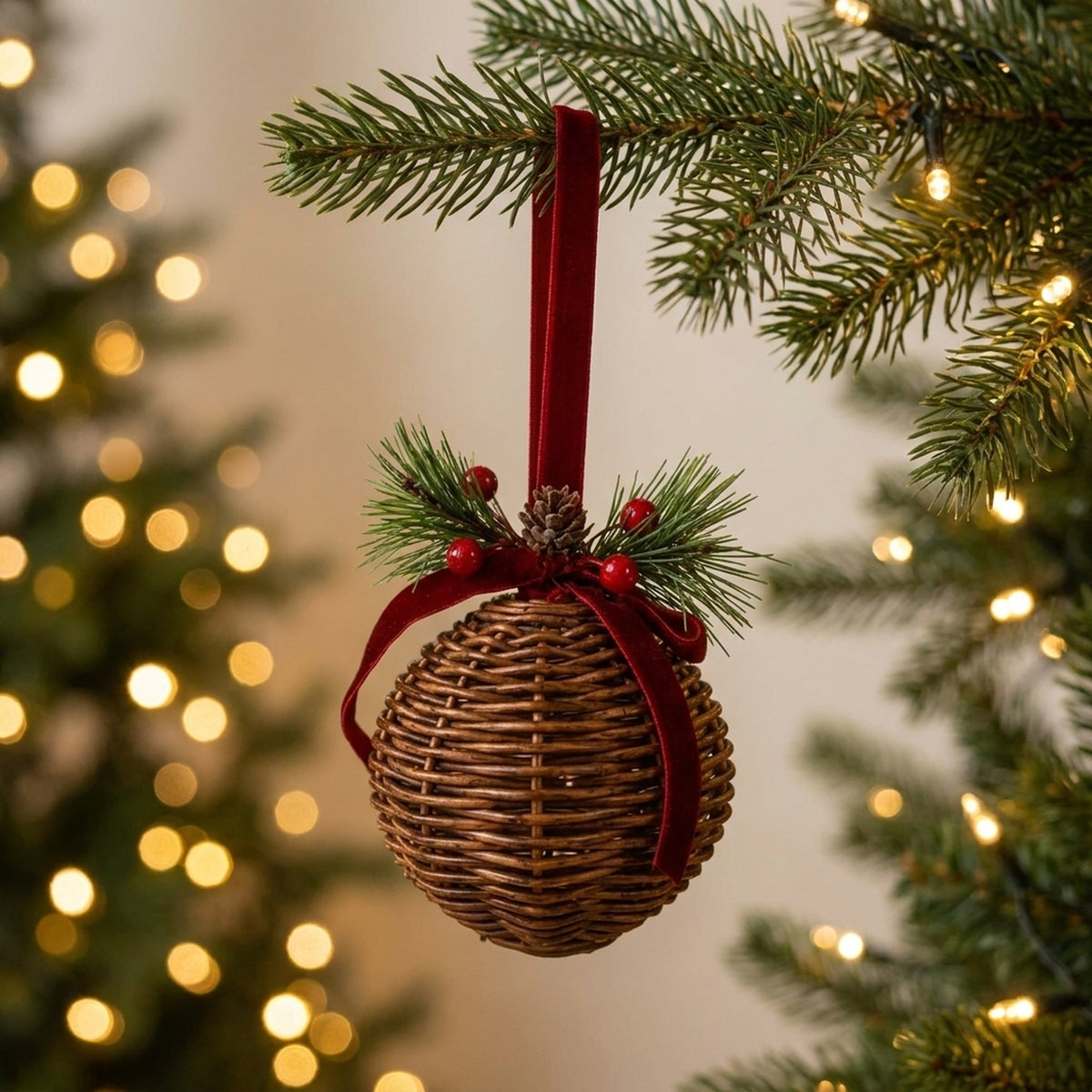 Woven Rattan Style Hanging Bauble Decoration