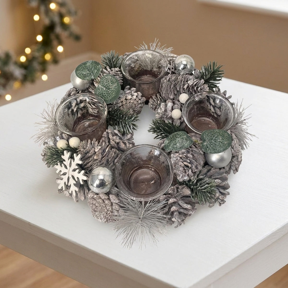 White Cone Wreath Tealight Holder Door Accent