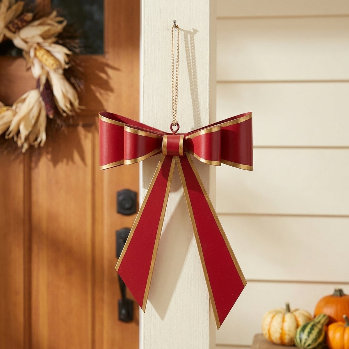 Festive Red & Gold Metal Bow Hanger