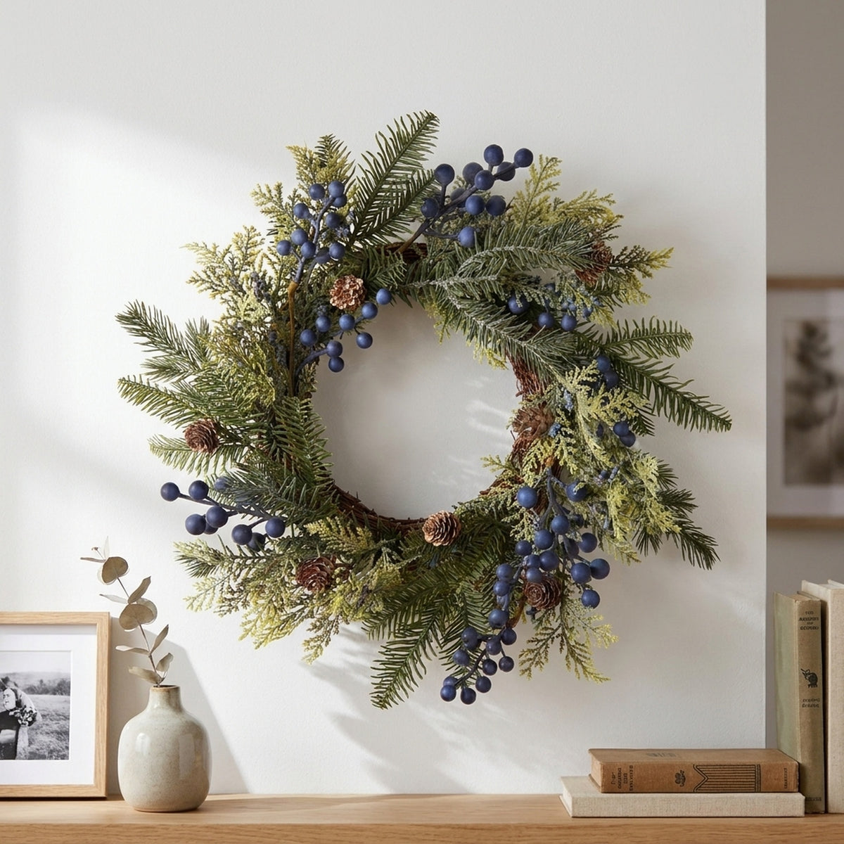 Festive Faux Evergreen Wreath with Blue Berries