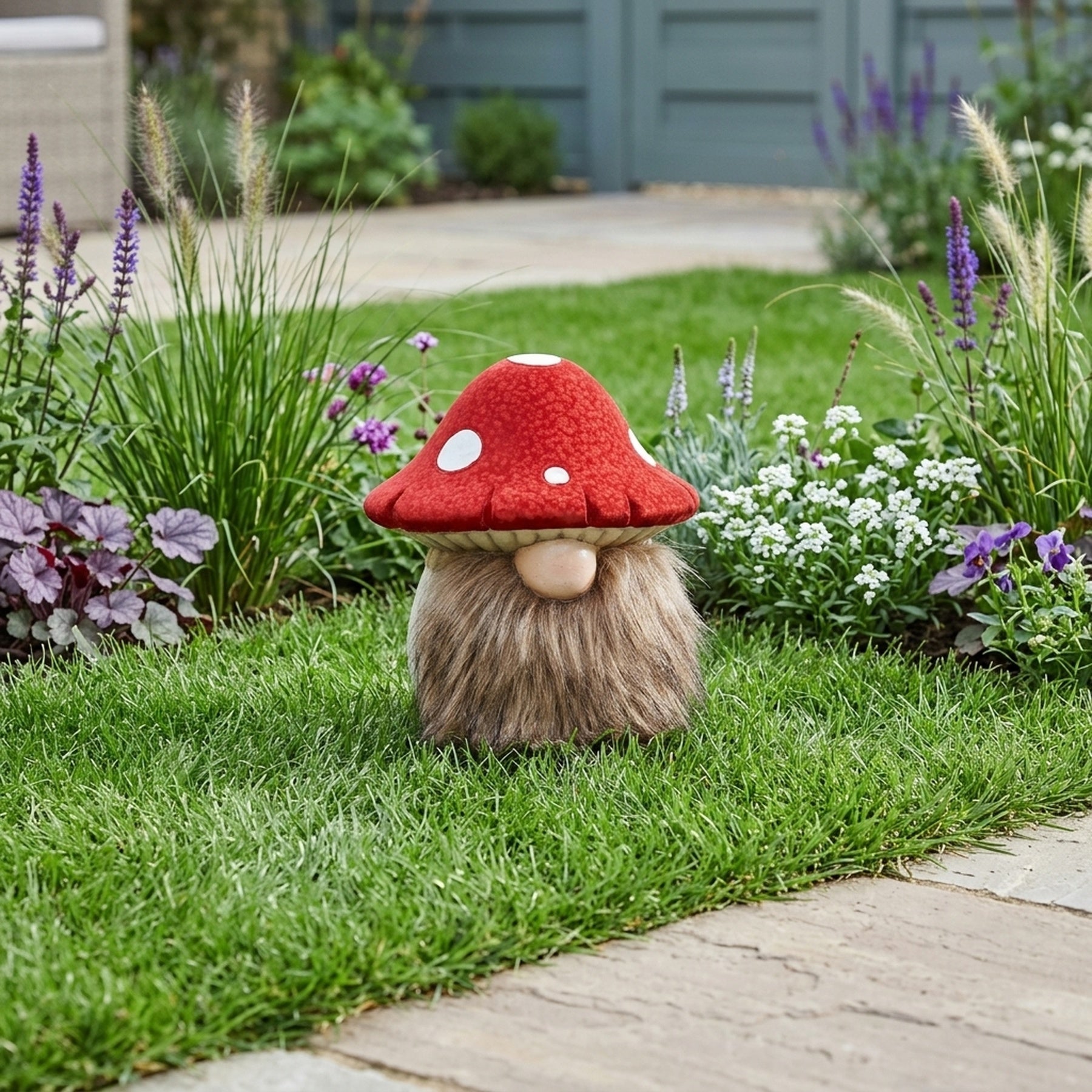 Hand Painted Ceramic Garden Gnome with Mushroom Cap