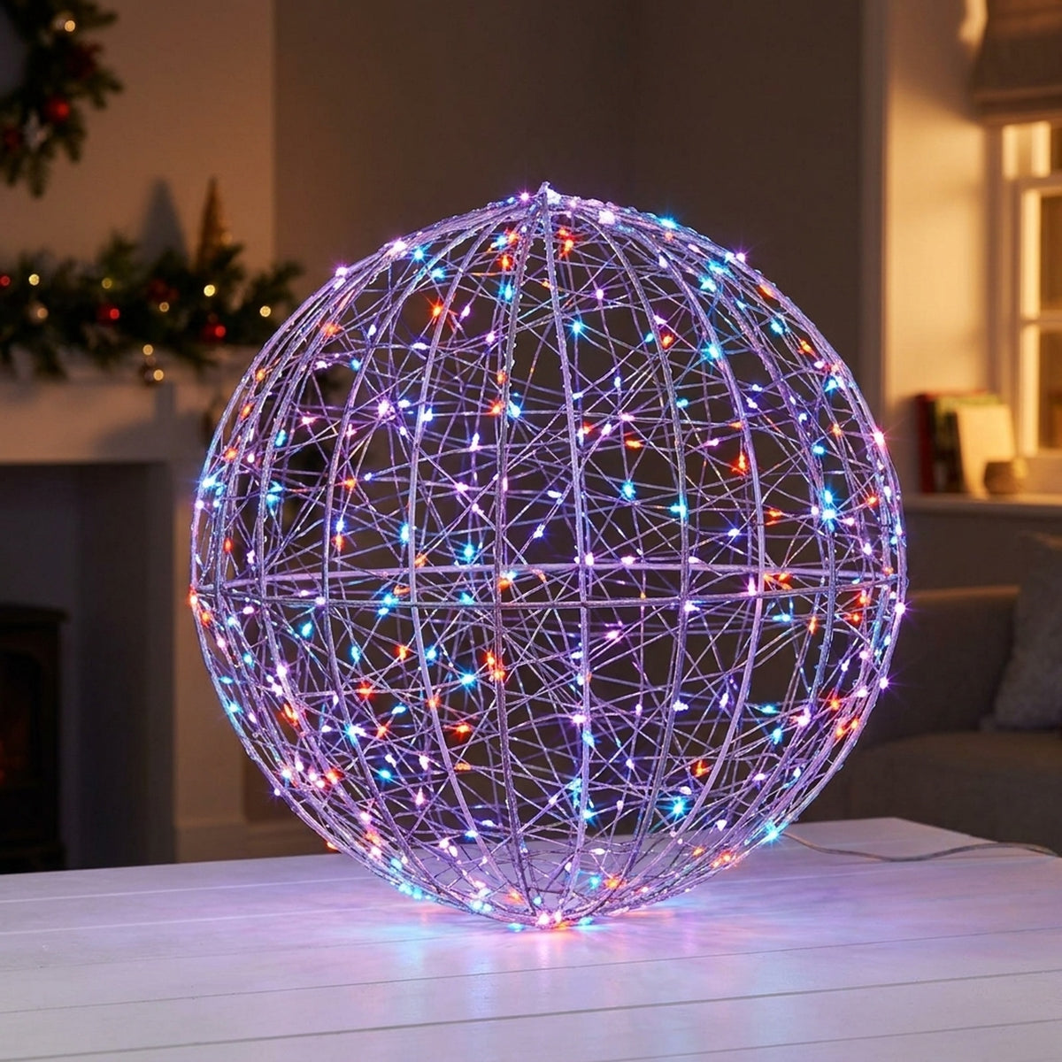 White Wire Wrapped Ball with 300 Twinkling Rainbow LED Light
