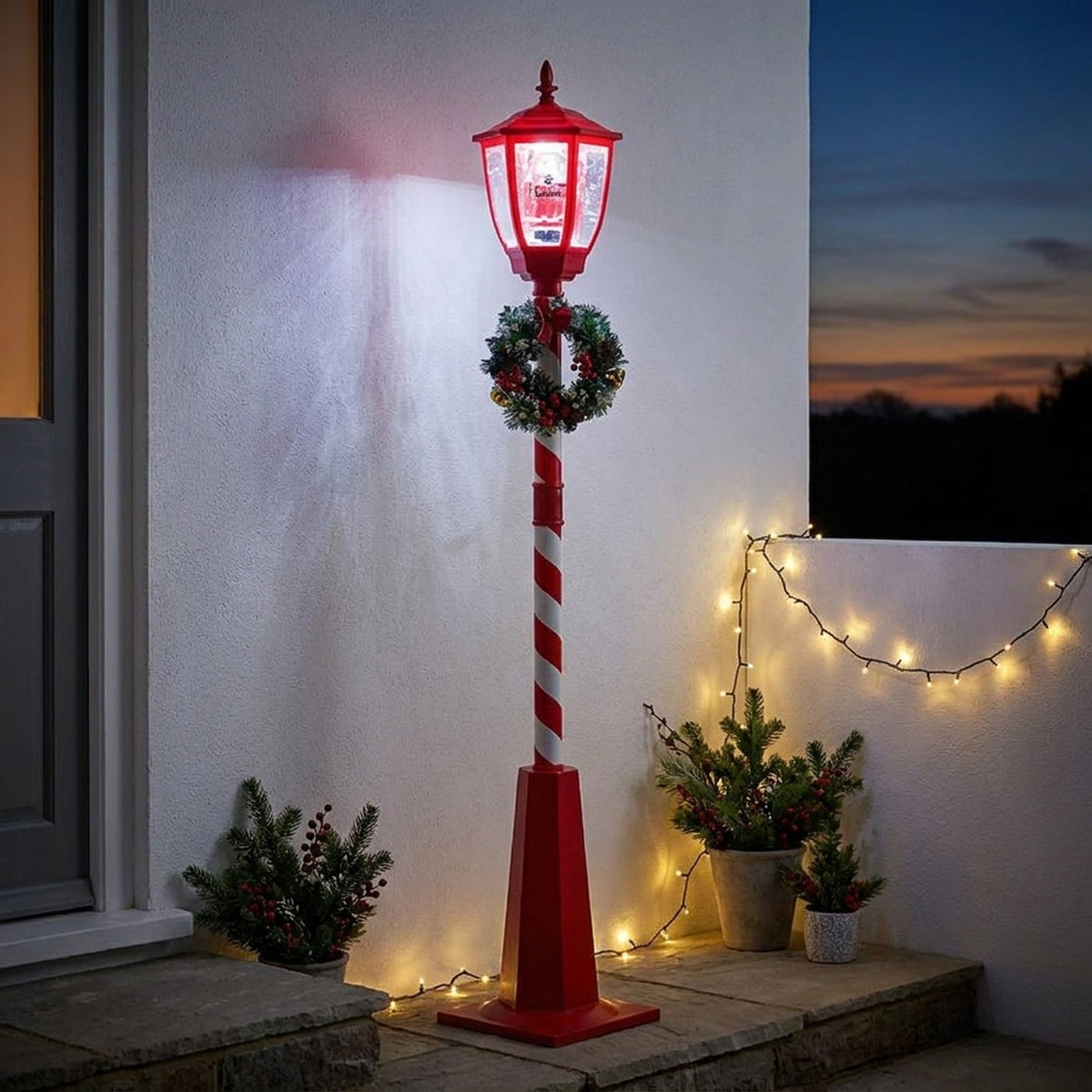Lit Musical Lamp Post Snow Blower with Santa Scene