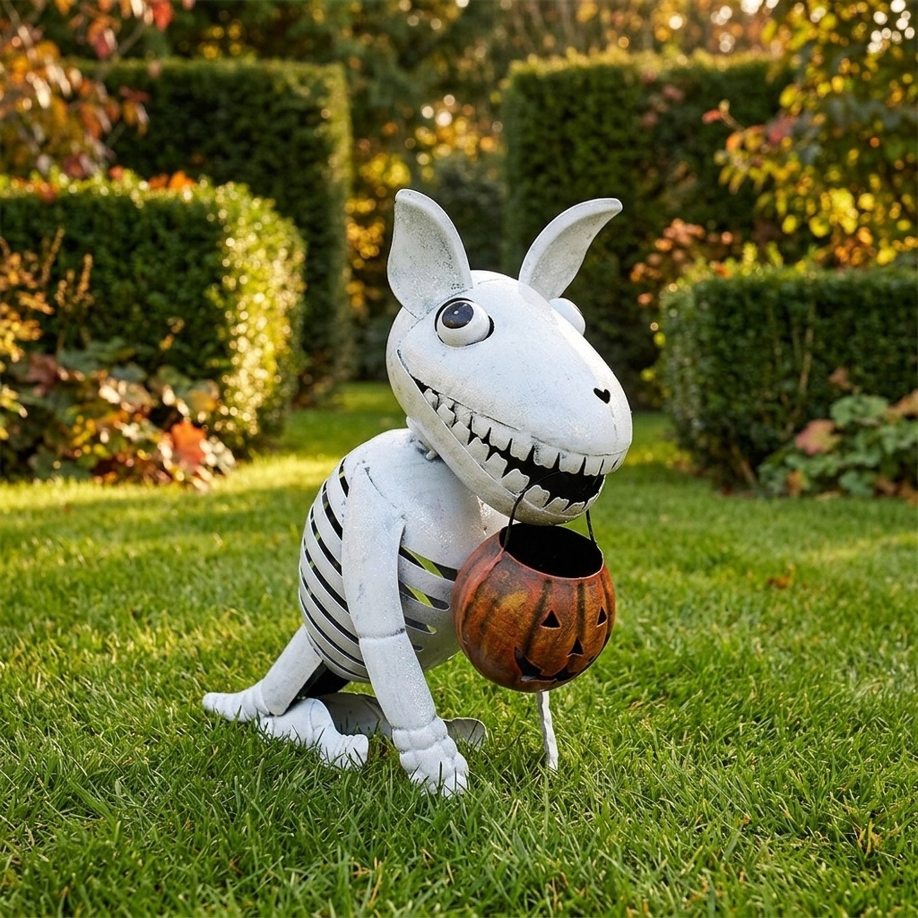 Metal Skeleton Dog Ornament with Pumpkin Display Ornament