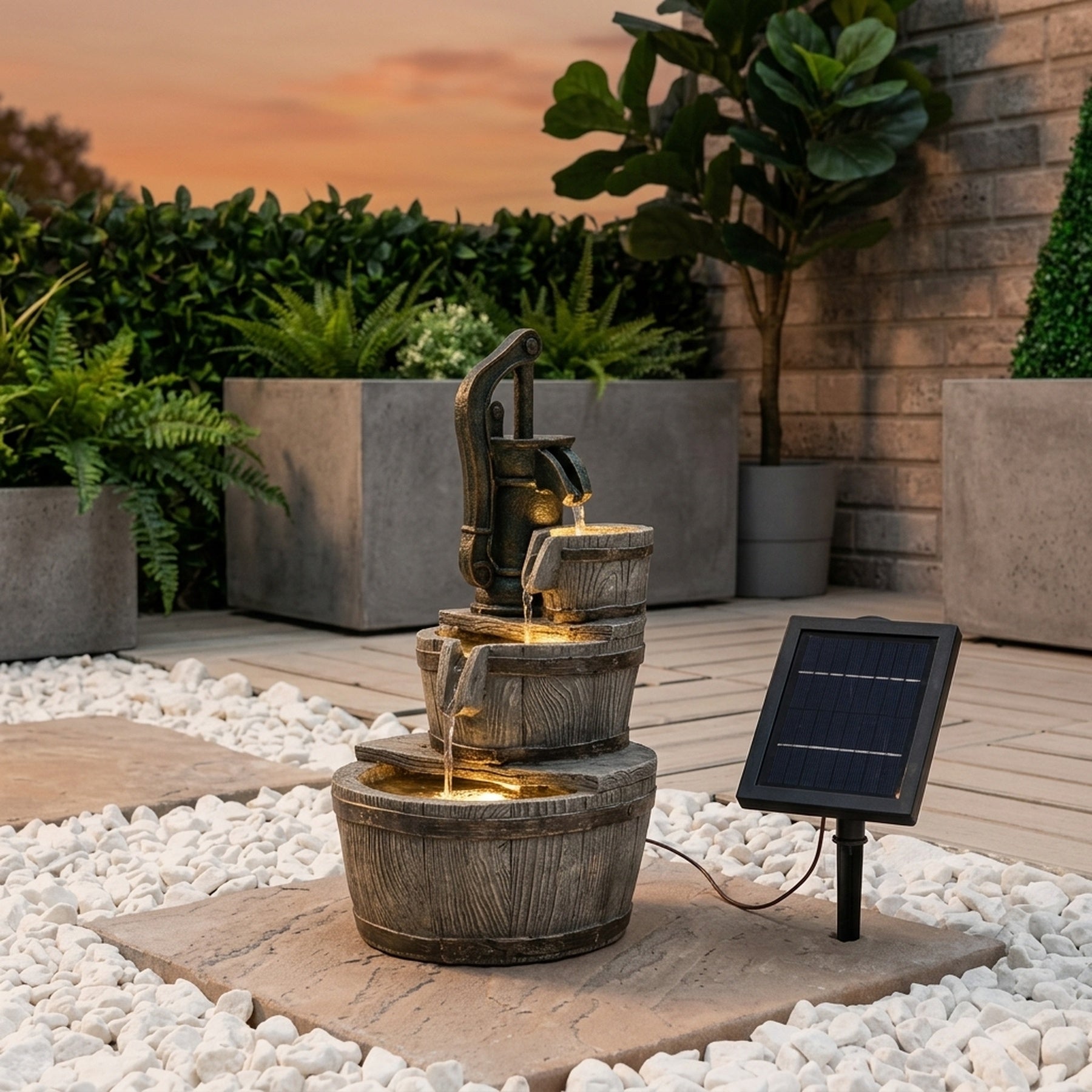 Traditional Pump and Buckets Solar Water Feature