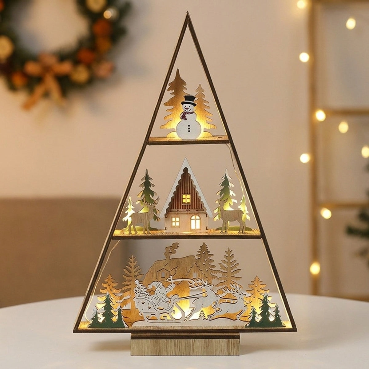 Wooden LED Christmas Sleigh Scene Pyramid