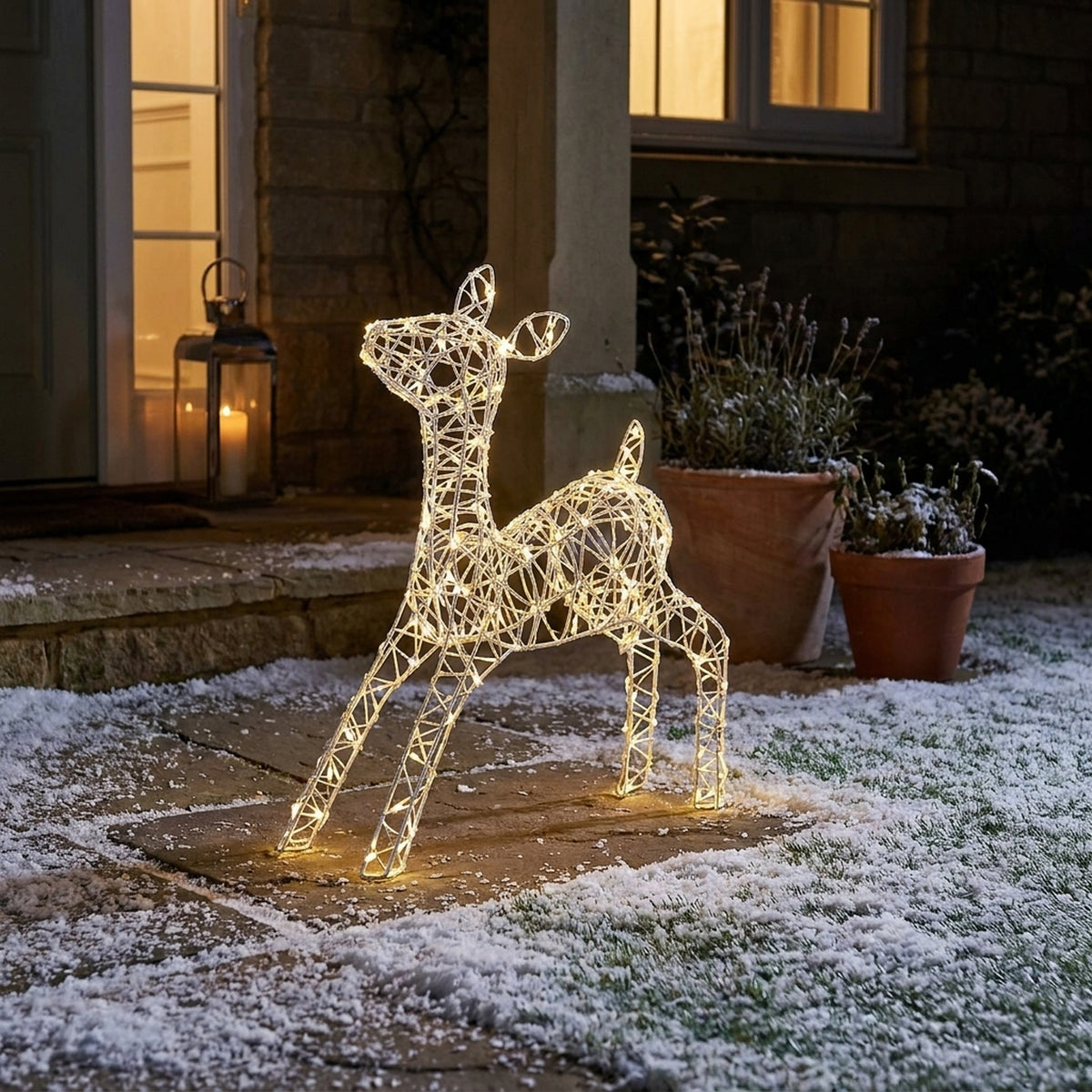 Twinkling Lit White Metal Baby Deer