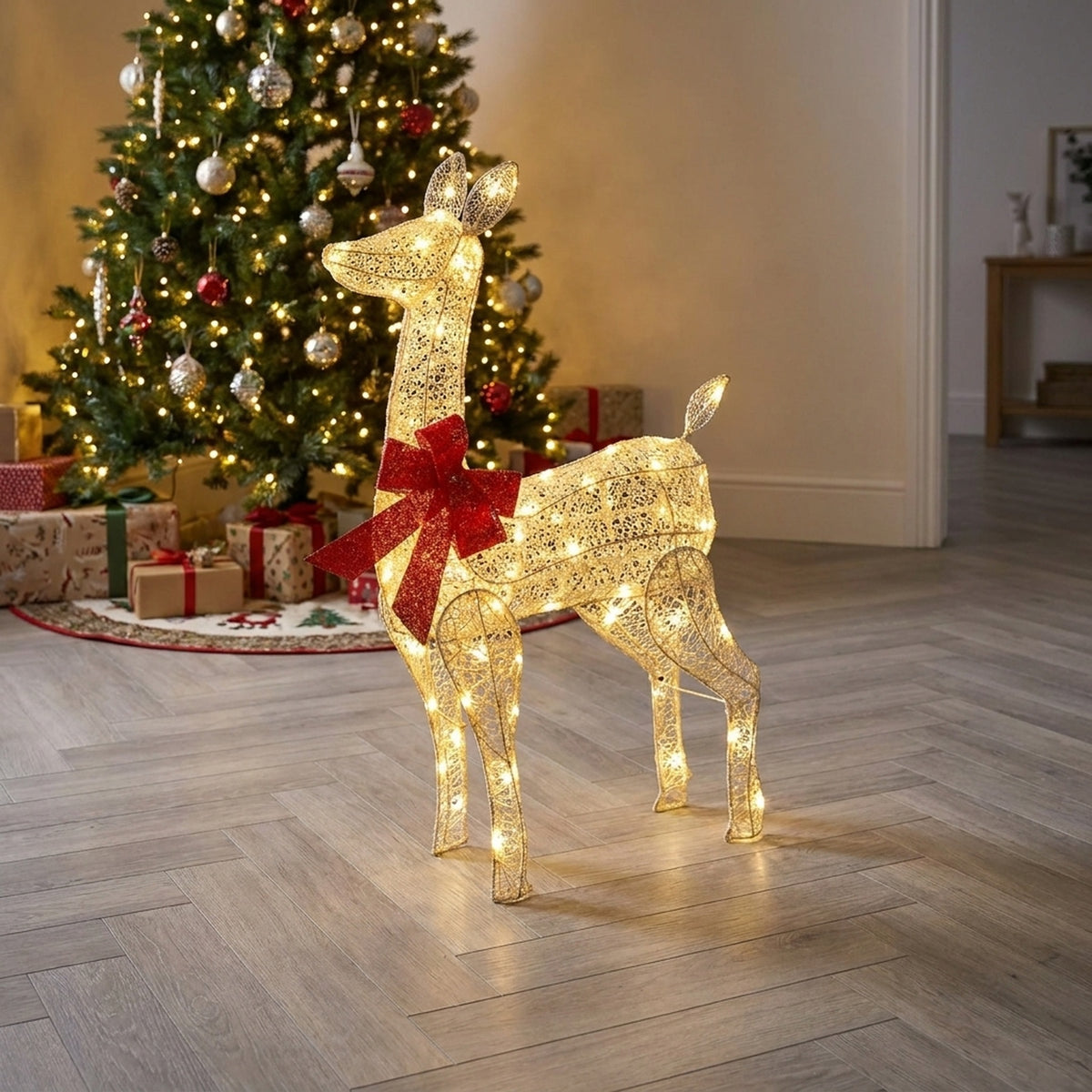 Twinkling Lit Festive Fabric Doe with Red Bow