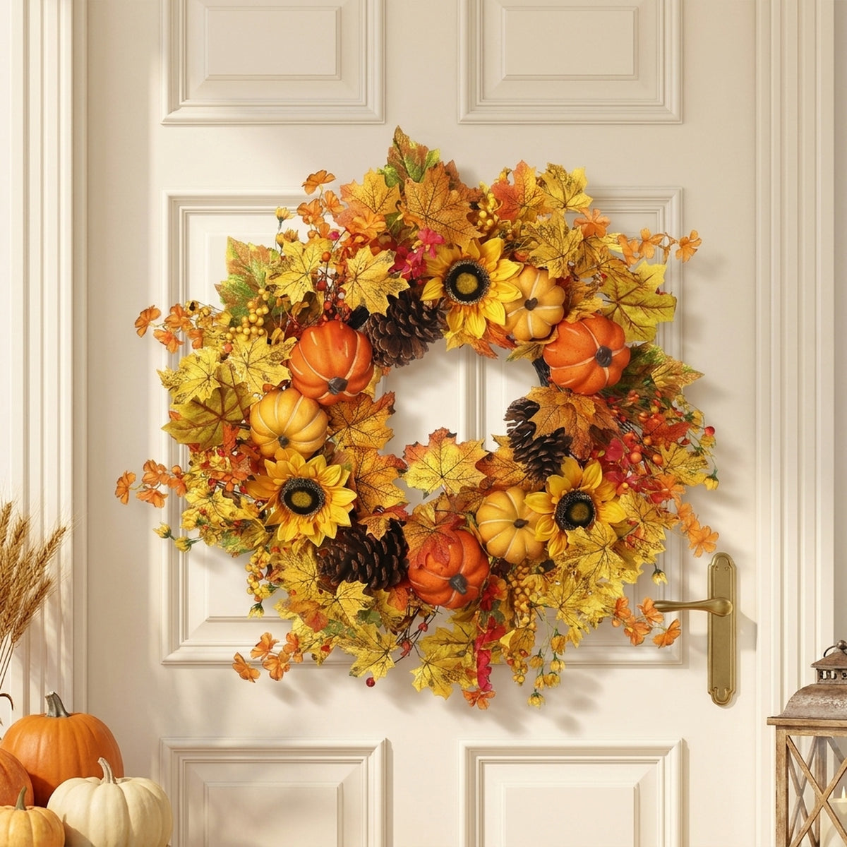 Autumnal Pumpkin And Flower Wreath
