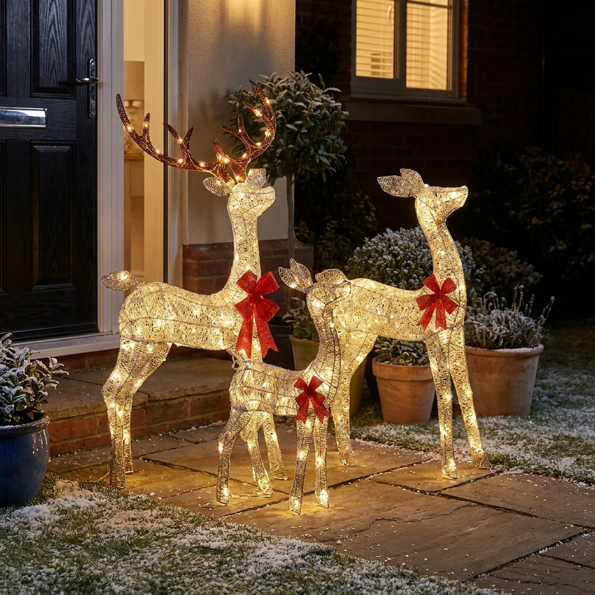 Set of 3 Lit Silver Fabric Reindeer Family