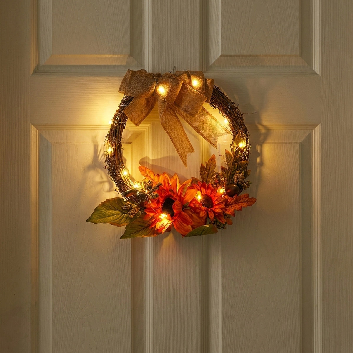 Artificial Autumn Sunflower Lighted Wreath