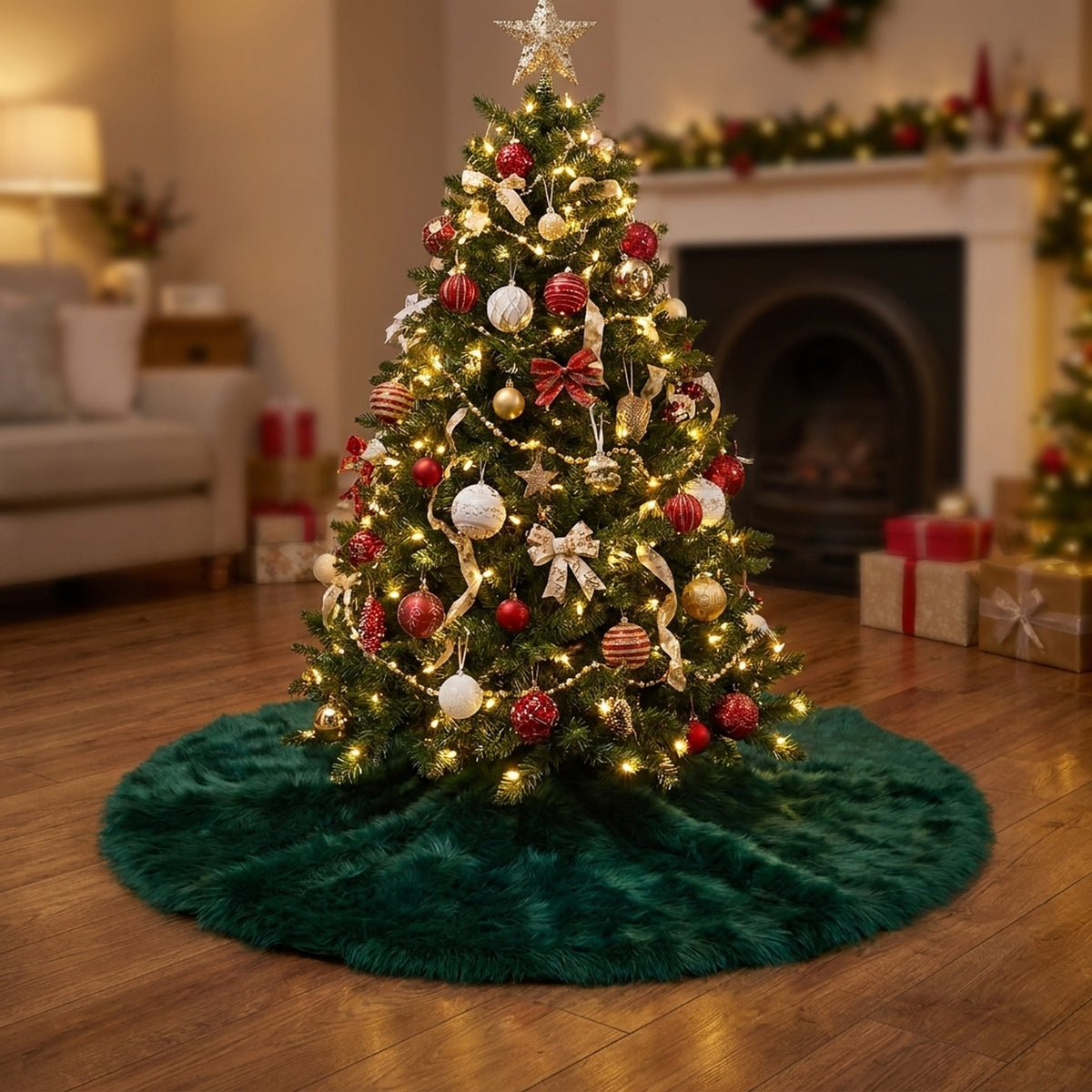 Plush Faux Fur Christmas Tree Skirt - Green