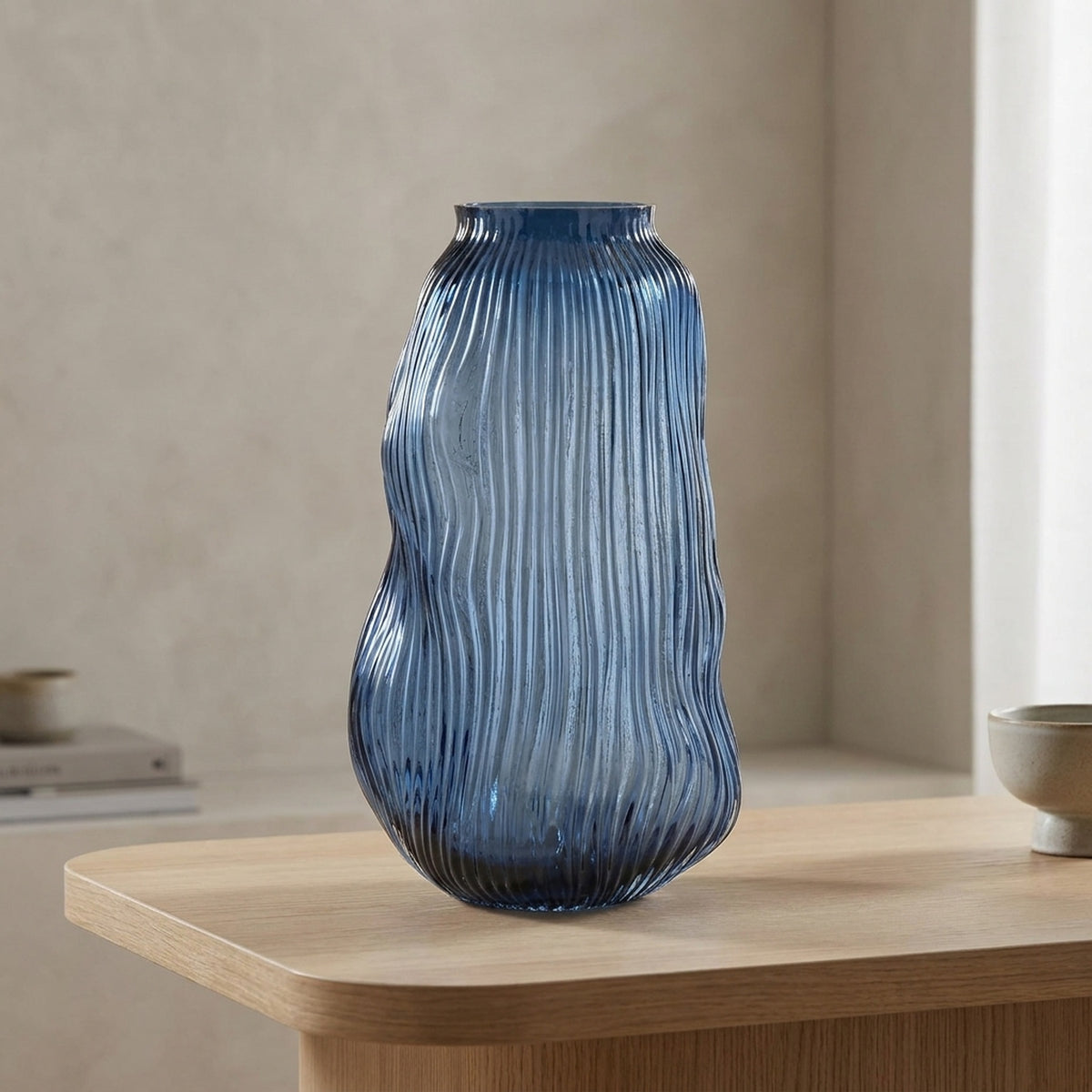 Blue Ridged Textured Glass Vase