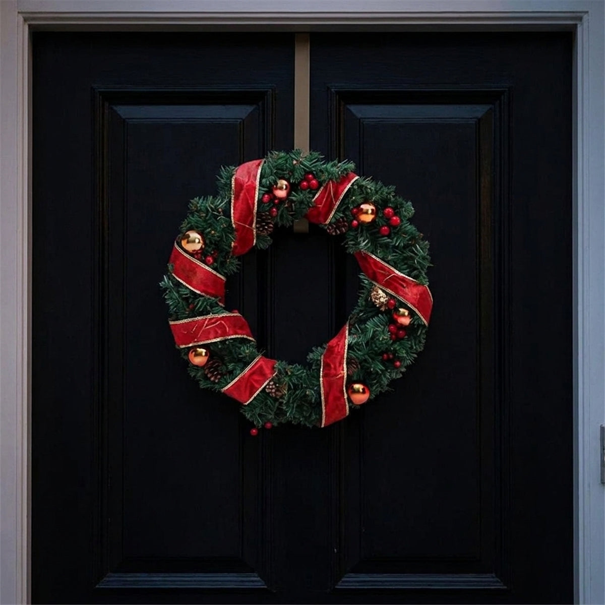 Red Ribbon Pre-Lit Christmas Wreath