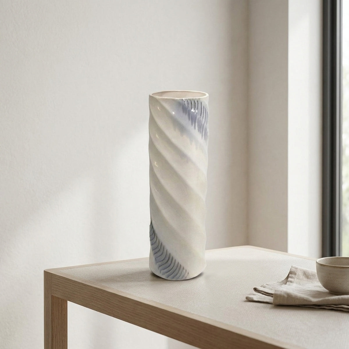 Textured Blue Spiral Ceramic Cylinder Vase