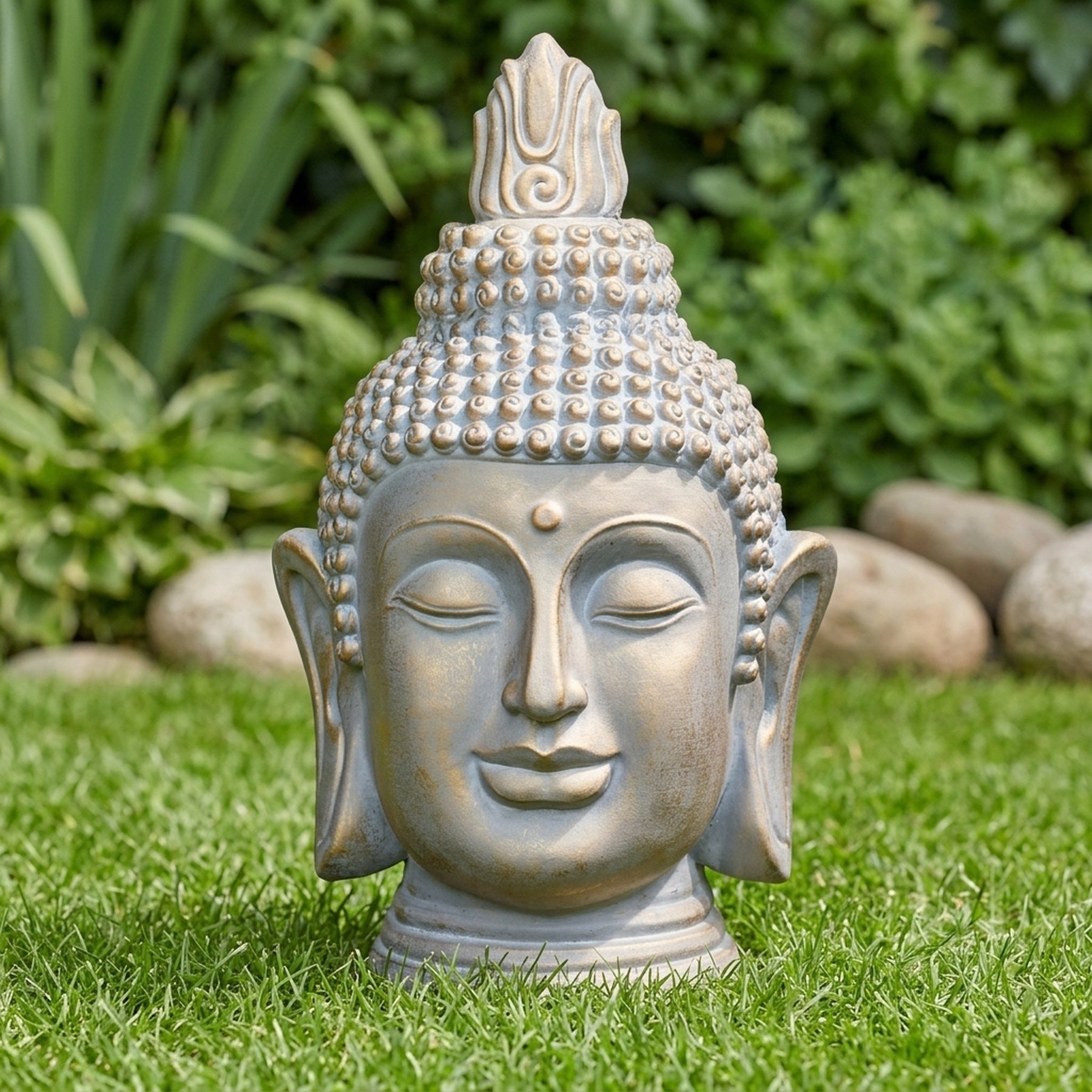 Brushed Buddha Head Garden Figurine