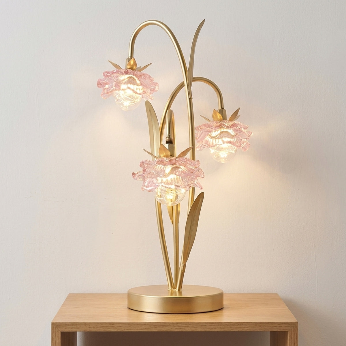 Three Stem Pink Glass Flower LED Table Lamp