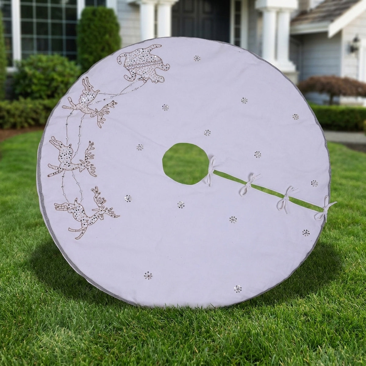 White Reindeer Hand Embellished Christmas Tree Skirt