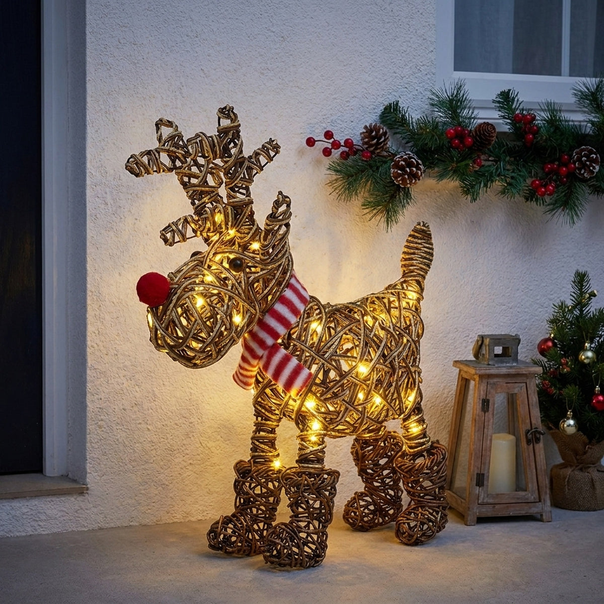 Light Up Rattan Reindeer In Boots Statement Light
