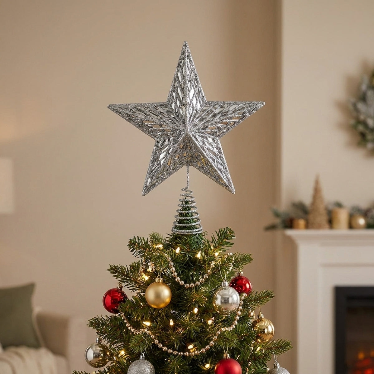 Sparkling Silver Glitter Star Tree Topper