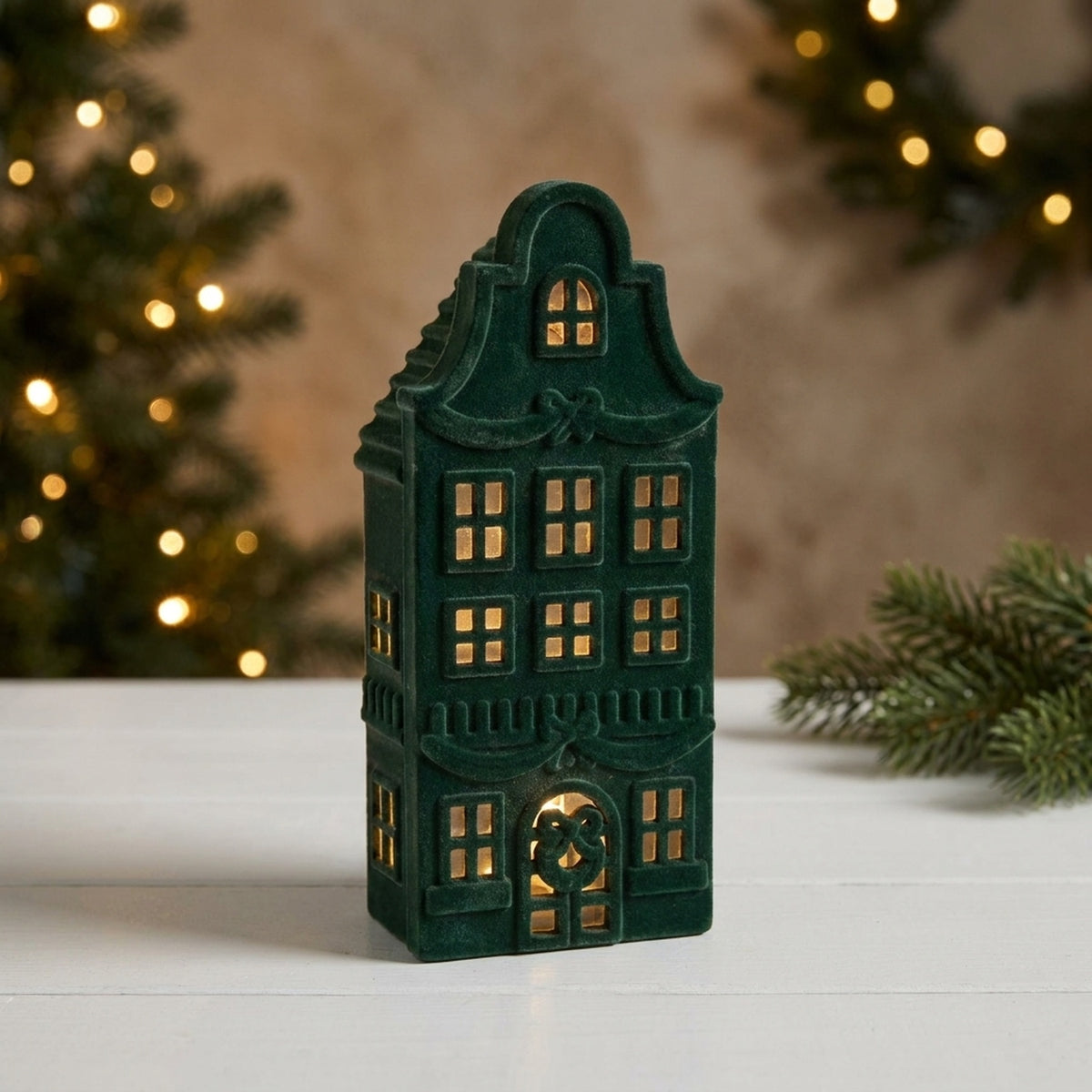 Christmas Flocked Light-Up House - Green