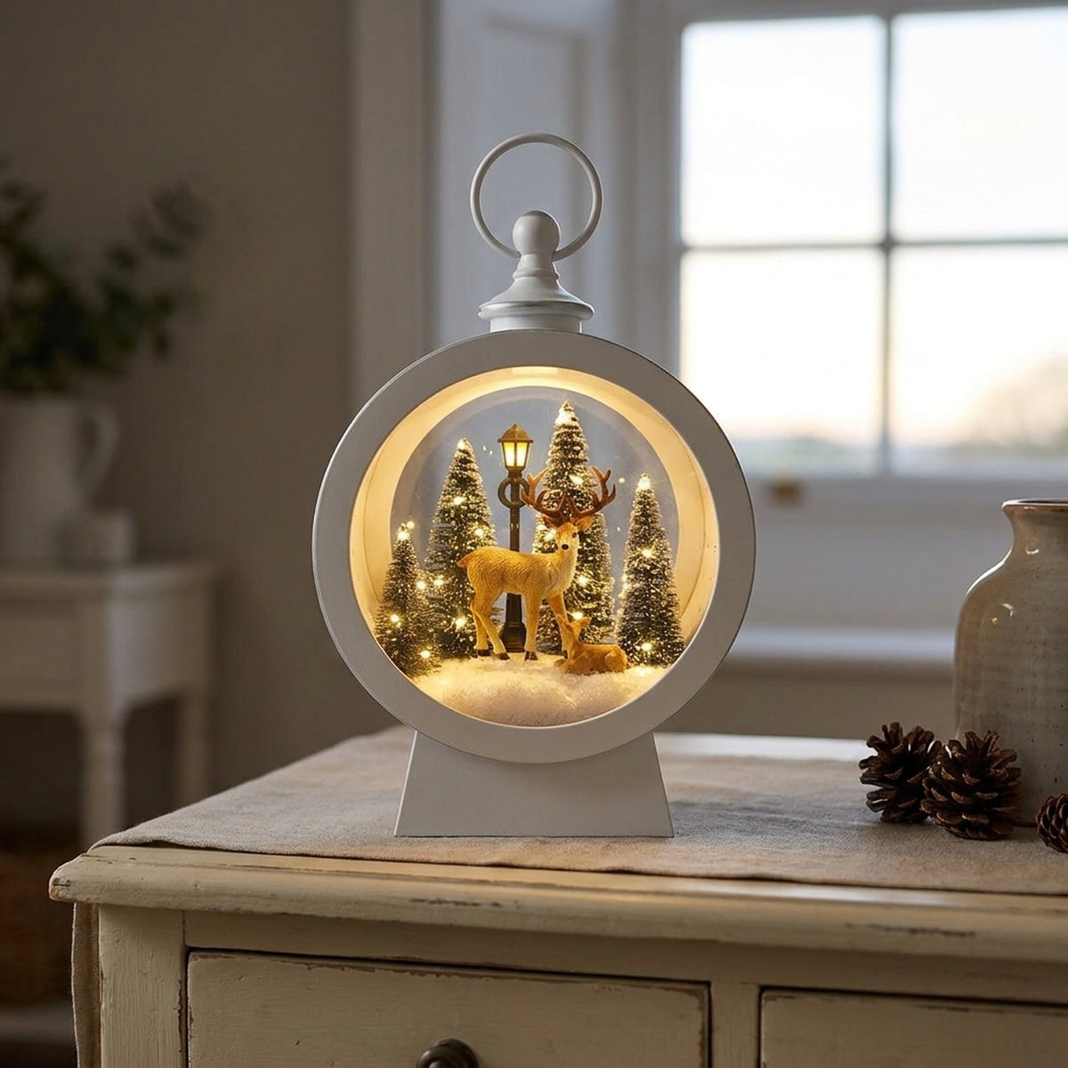 Festive White LED Reindeer Lantern