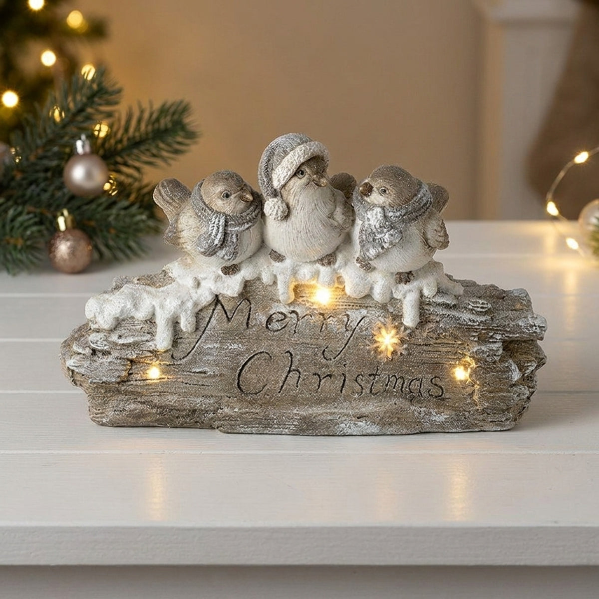 Festive Christmas Birds Log LED Light