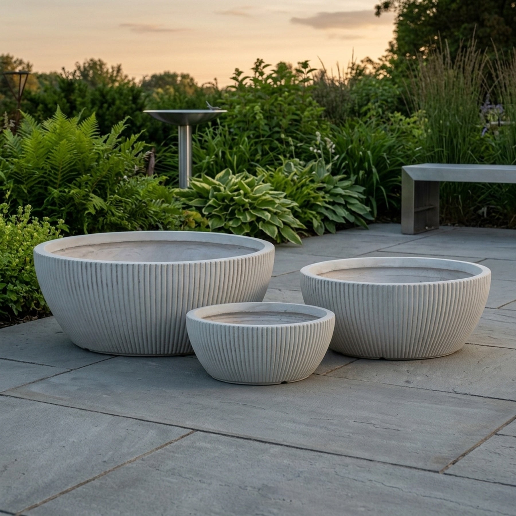 Set of Three Hortus Indoor Ribbed Low Bowl Planters