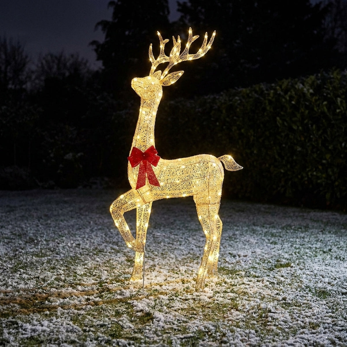 Twinkling Lit White Fabric Stag with Red Bow