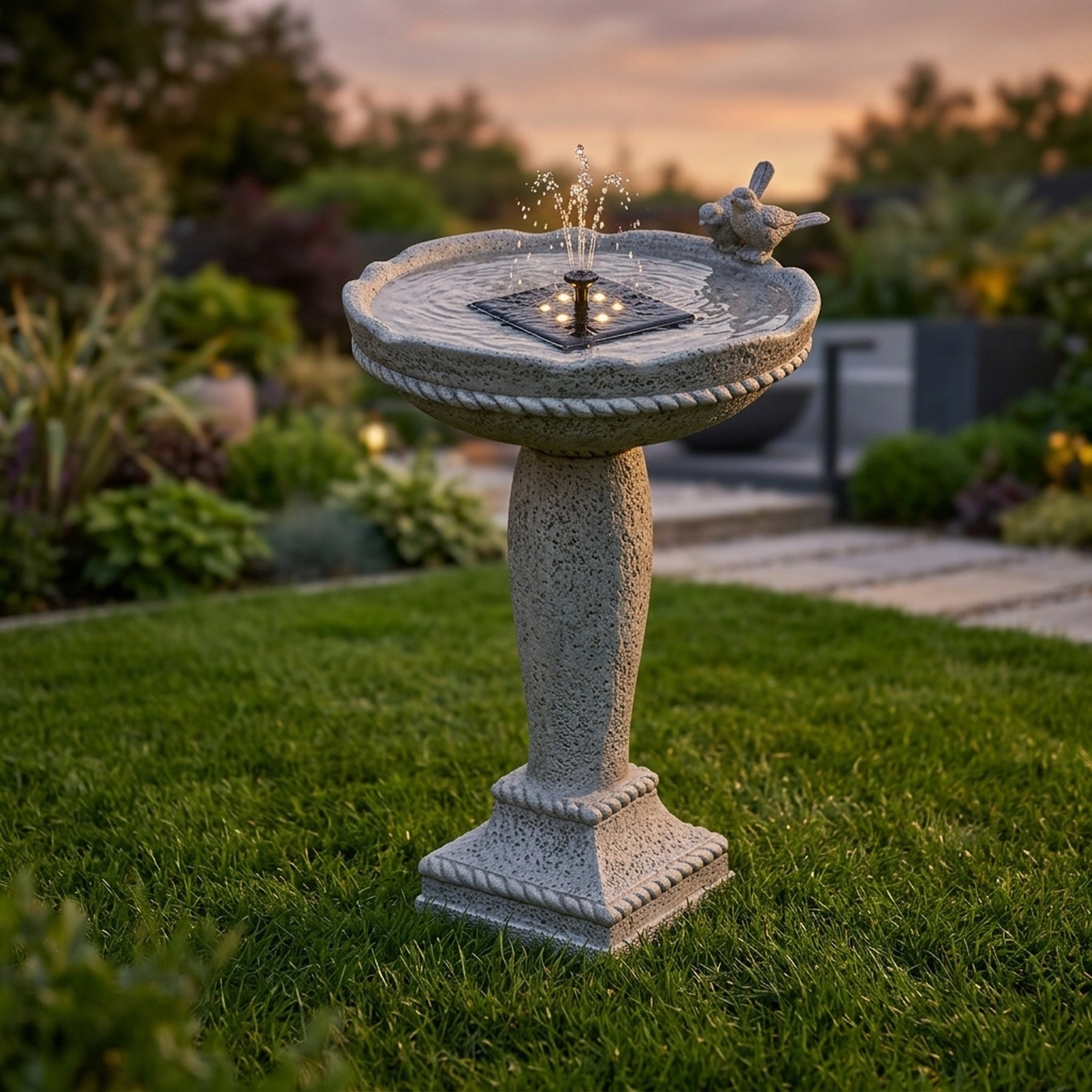 Aged Stone Birds Solar Water Fountain