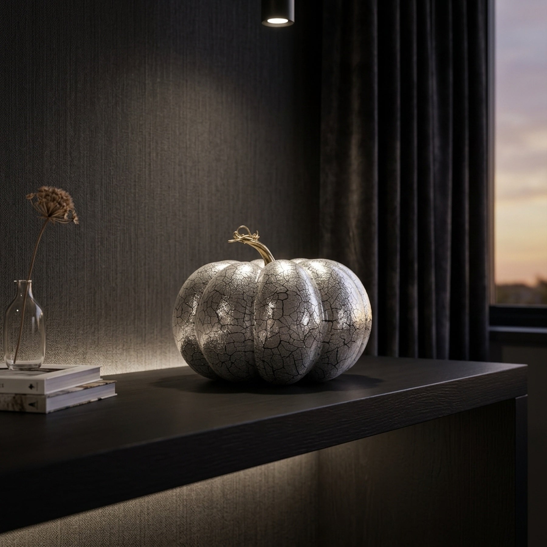 Striking Black and Silver Crackled Finish Pumpkin