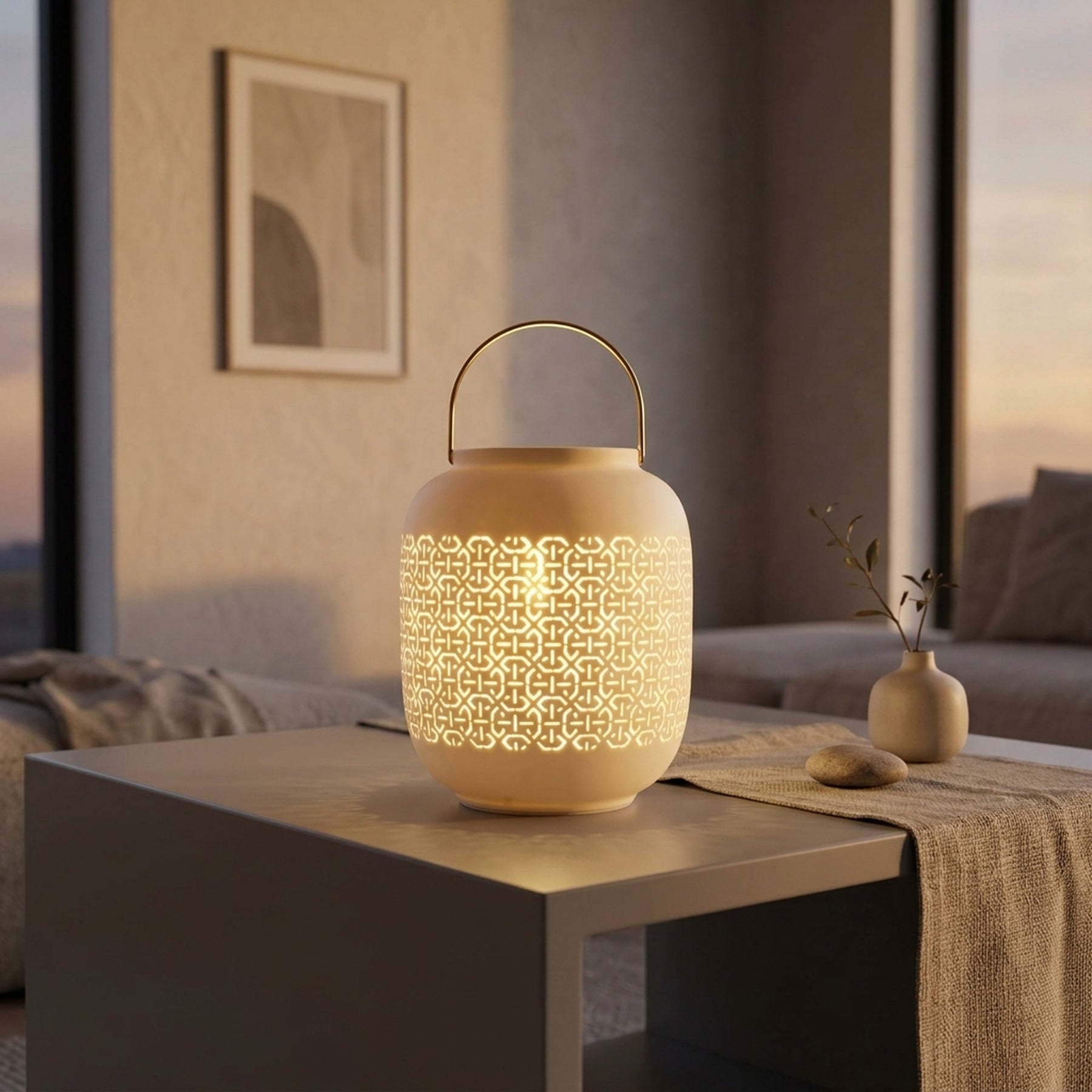 Abstract Pattern Handle Porcelain Lantern Lamp Statement Light