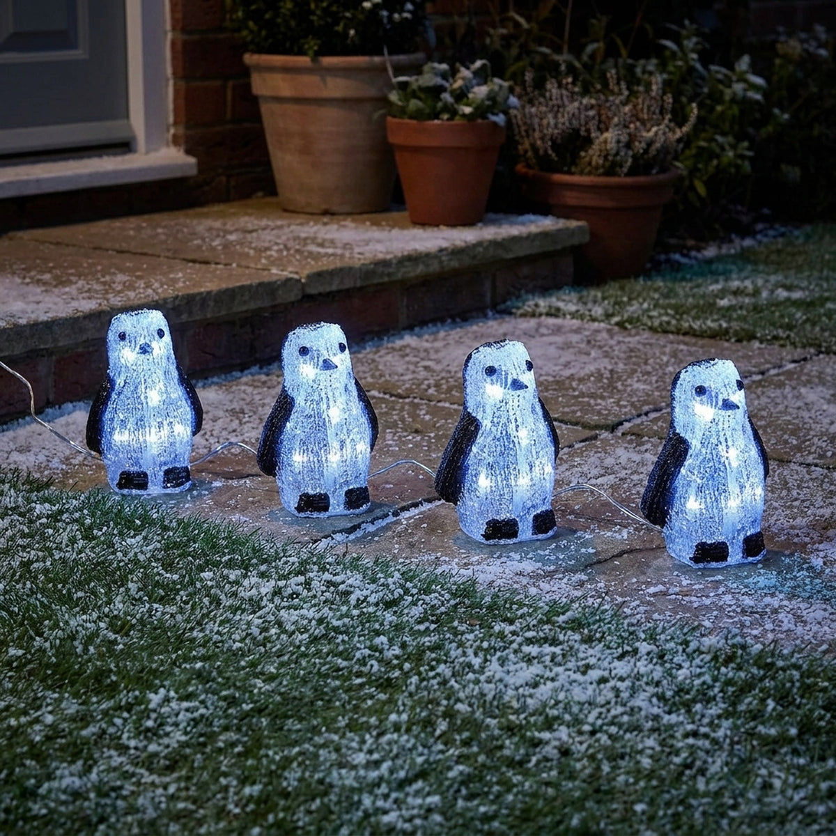 Set of Four Festive Lit Acrylic Penguin Lights