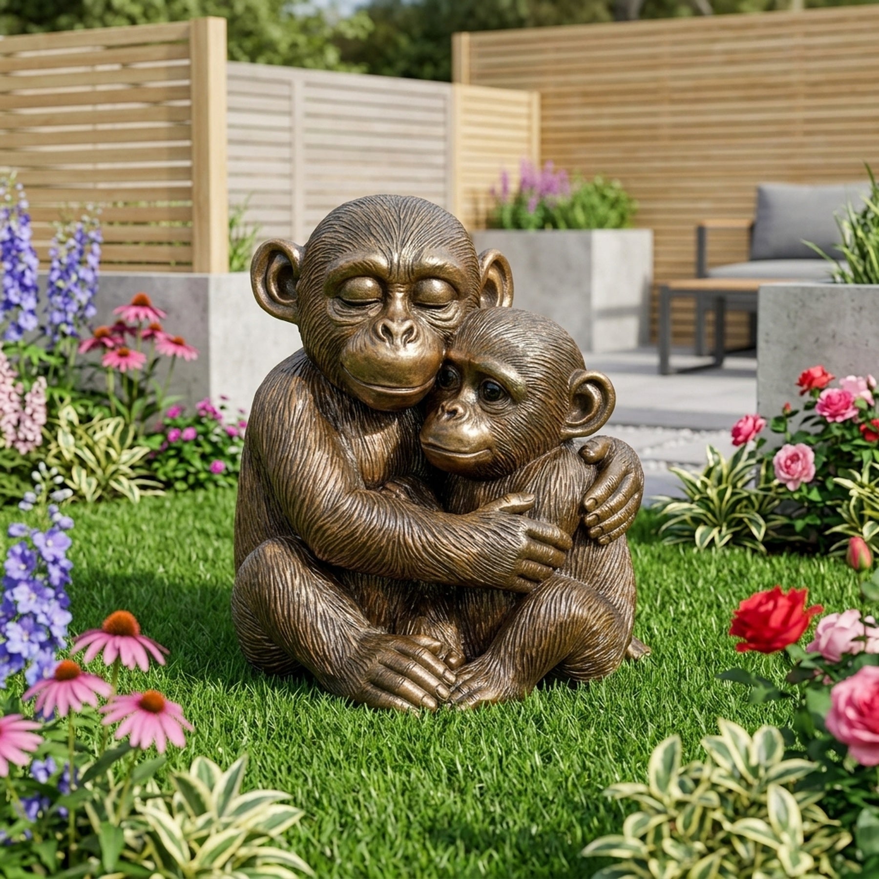 Sitting Mother and Baby Monkey Garden Ornament