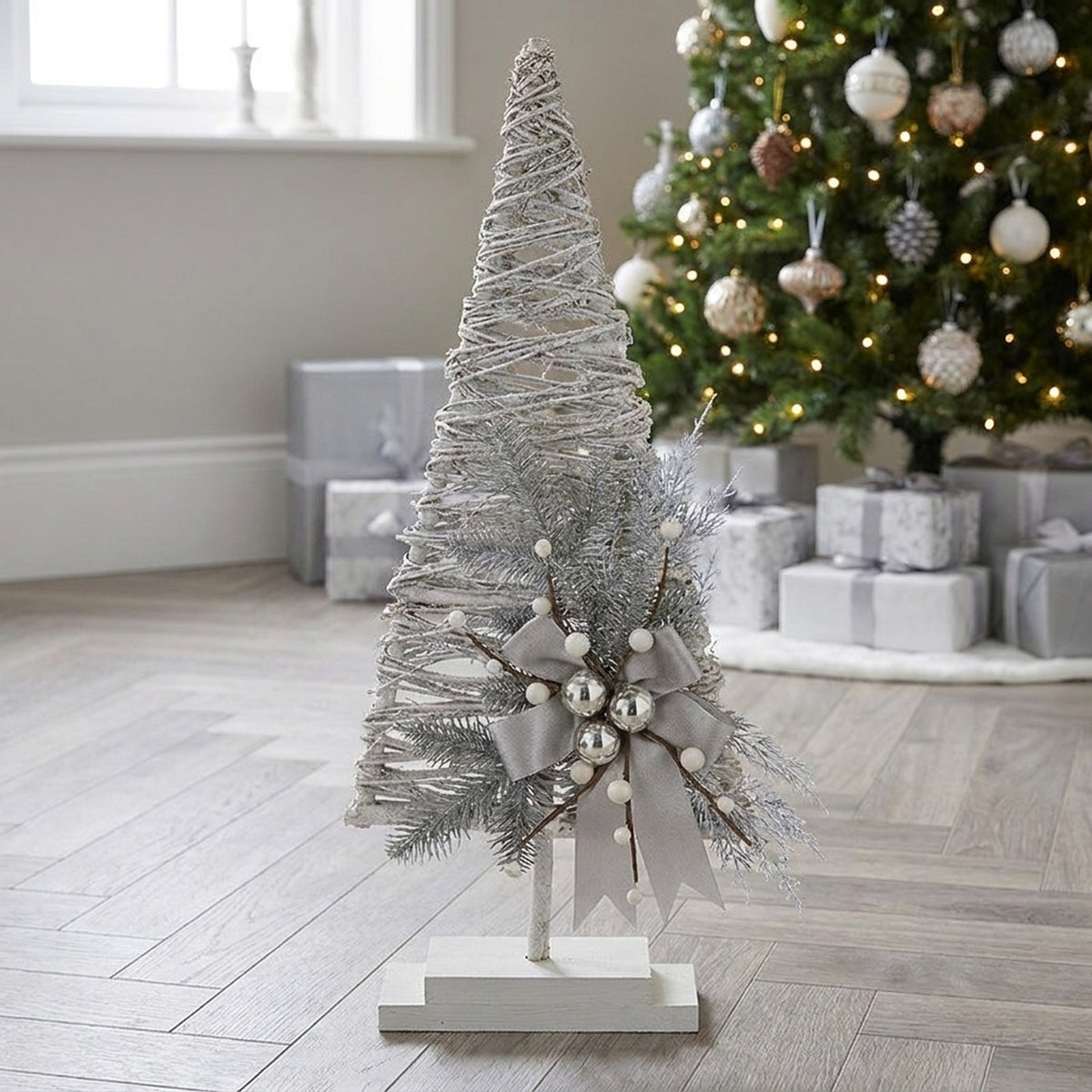 White Wood Twig Tree Ornament with Bow