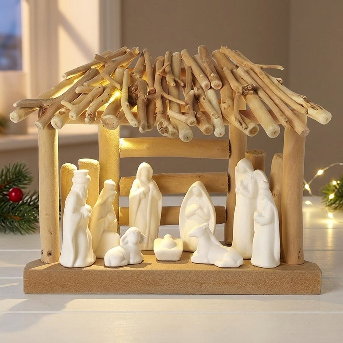 White Ceramic and Wood LED Nativity Scene