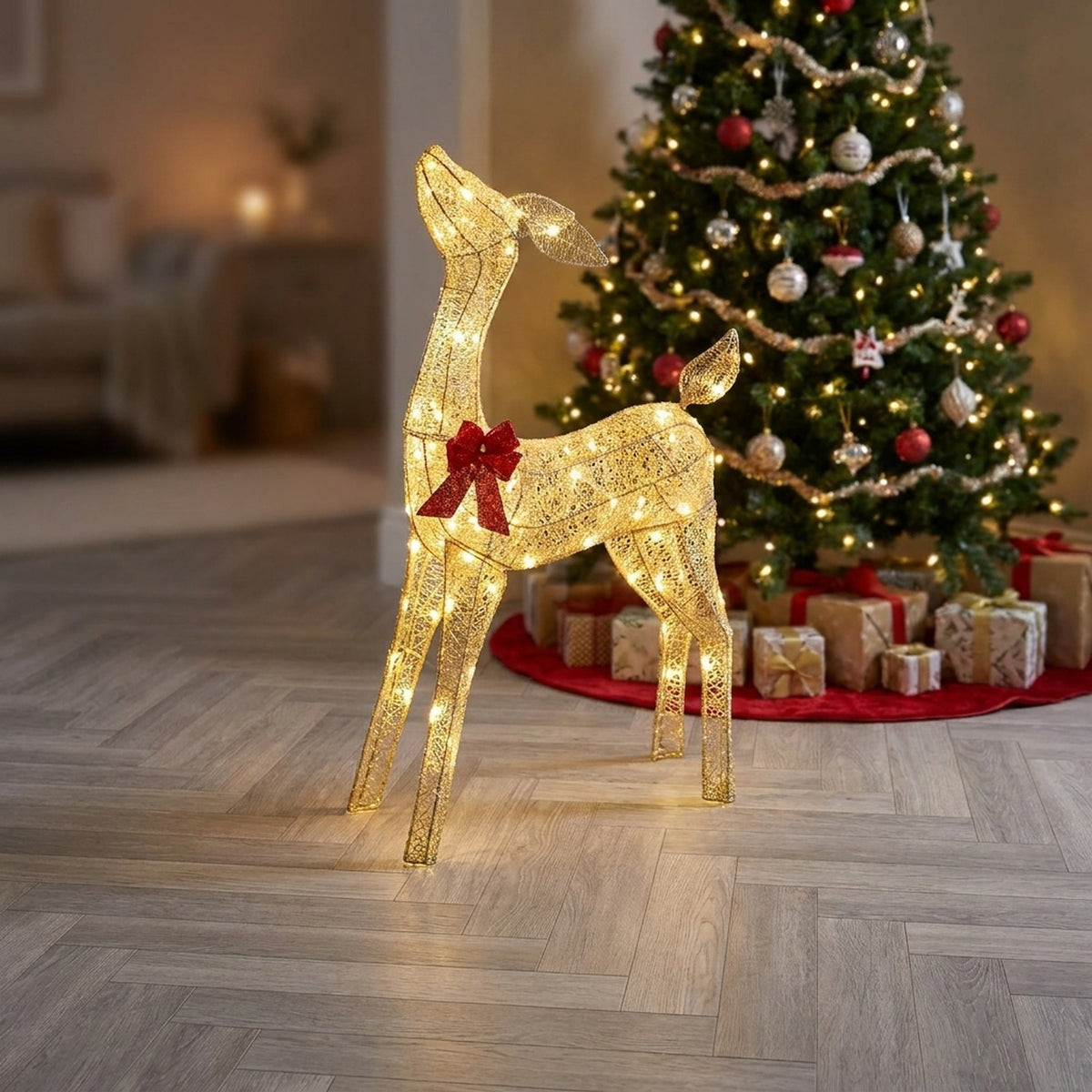 Twinkling Lit White Fabric Proud Doe with Red Bow