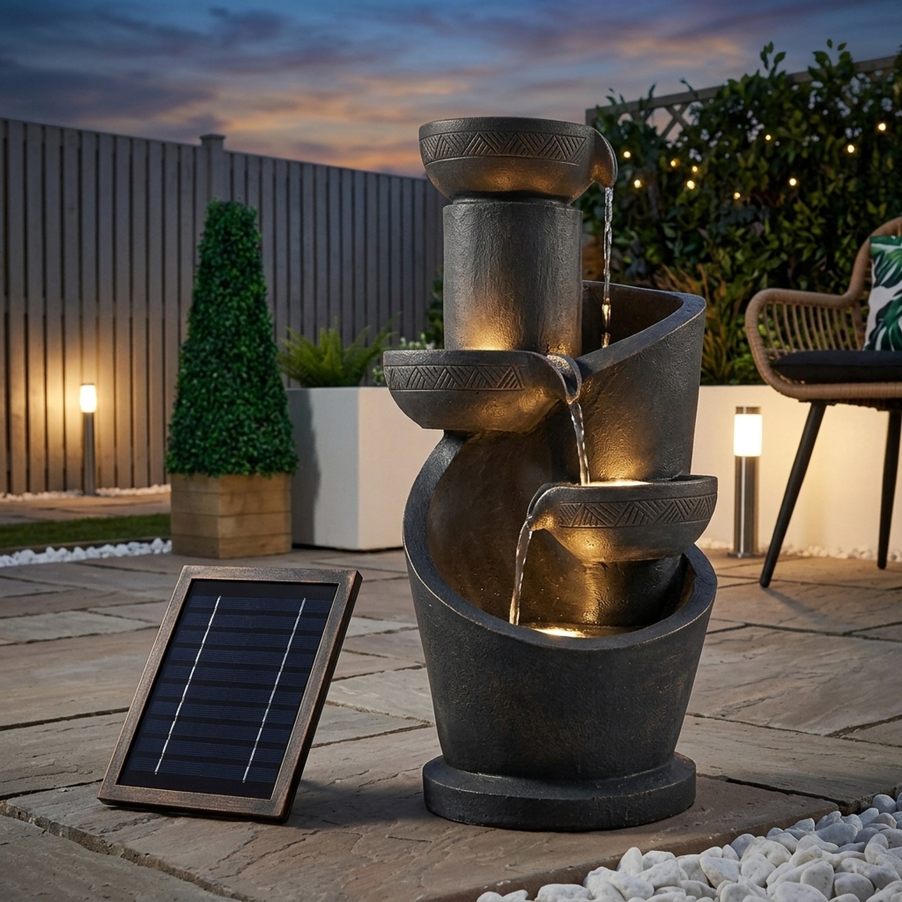 Tiered Slate-Effect Cascade Solar Water Feature